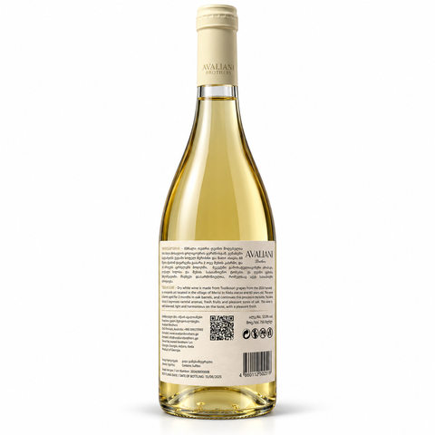 Avaliani Tsolikouri Merisi 2024 Dry White wine bottle, 750ml, 12% alcohol, featuring Georgian Tsolikouri grapes from Merisi village.