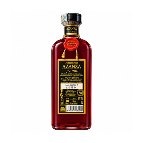Azanza 1810 Pacharan Liqueur 1L bottle with deep ruby color and black-and-gold label, 25% ABV, made in Navarra, Spain.