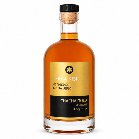 Terra Kisi Chacha Gold 500ml bottle of premium Georgian grape spirit with 40% alcohol content, featuring original Kisi grapes.