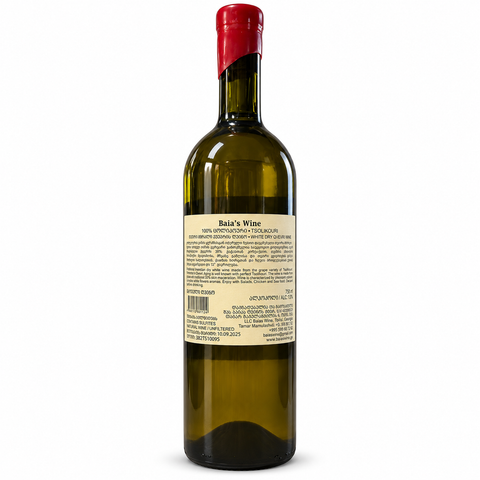 Back view of Baias Wine Tsolikouri 2024 Dry White Wine bottle, 750ml with red cap, highlighting label details and origin.