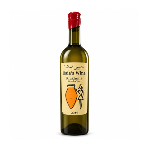 Baia's Wine Krakhuna 2024 dry white qvevri wine 750ml 13%, front — ბაიას ღვინო კრახუნა 2024, წინა ეტიკეტი