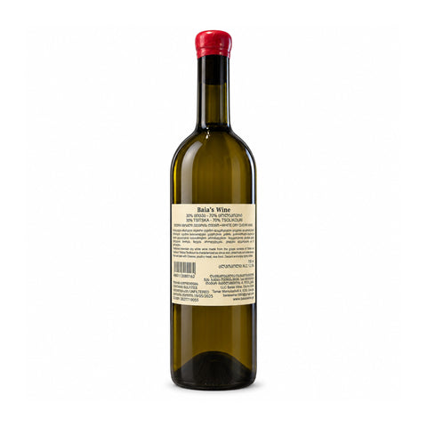 Baias Wine Tsitska Tsolikouri 2024 dry white wine bottle, 750ml, 12.5% alcohol, from Obcha, Imereti, Georgia, unfiltered qvevri wine.