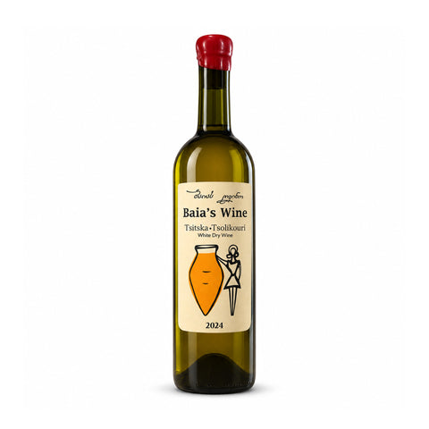 Baias Wine Tsitska Tsolikouri 2024 dry white wine bottle, 750ml, showcasing Georgian qvevri tradition with 12.5% alcohol content.