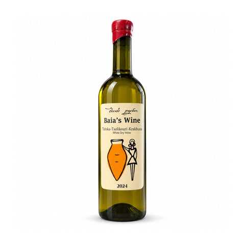 Baia's Wine Tsitska Tsolikouri Krakhuna 2024 dry white qvevri wine 750ml 13%, front — ბაიას ღვინო ციცქა ცოლიკოური კრახუნა 2024, წინა ეტიკეტი