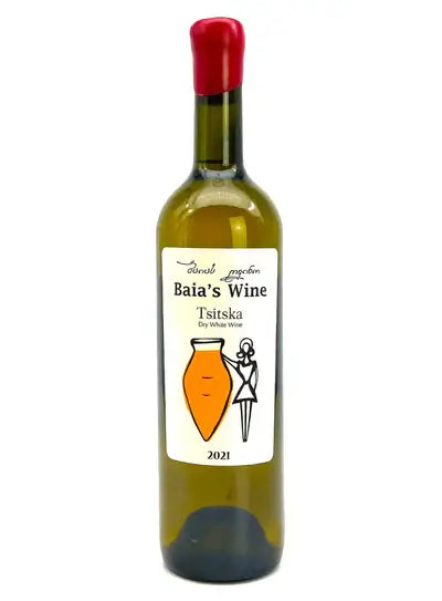 Baias Wine Tsitska White Wine 750ml bottle, 2021 vintage, Imereti, Georgia, featuring label with red cap, qvevri symbol and Baia's name.