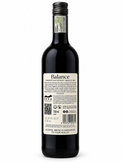 Balance Cabernet Merlot 2022 Dry Red Wine 750ml bottle from South Africa's Western Cape, featuring a Bordeaux-inspired blend.