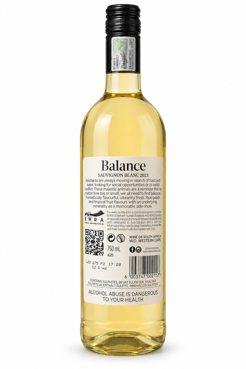 Balance Classic Sauvignon Blanc 2023 White Semi Dry Wine bottle with label showing alcohol content and details, 750ml.