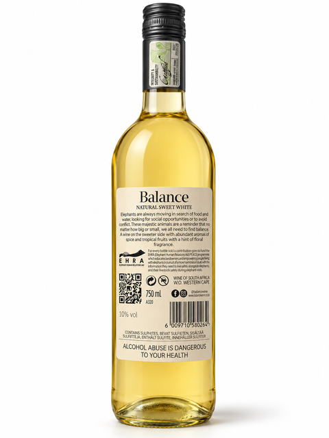 Balance Chenin Muscat NV Sweet White wine 750ml bottle from South Africa, 10% alcohol, featuring elephant emblem.