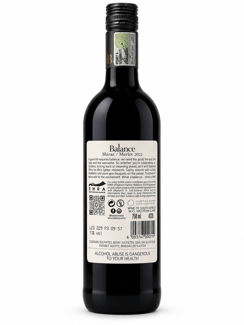 Balance Shiraz Merlot 2022 Red Wine bottle, 750ml, showcasing label and back details with 13% alcohol content, from South Africa.
