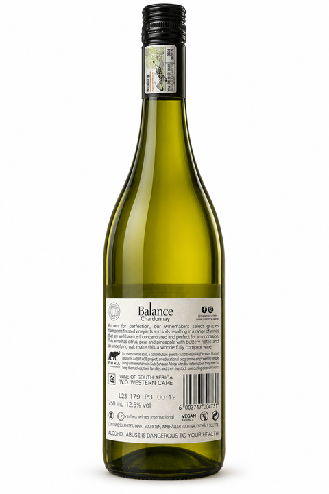 Balance Chardonnay 2023 Dry white Wine 750ml bottle with label showing alcohol content and origin, South Africa.