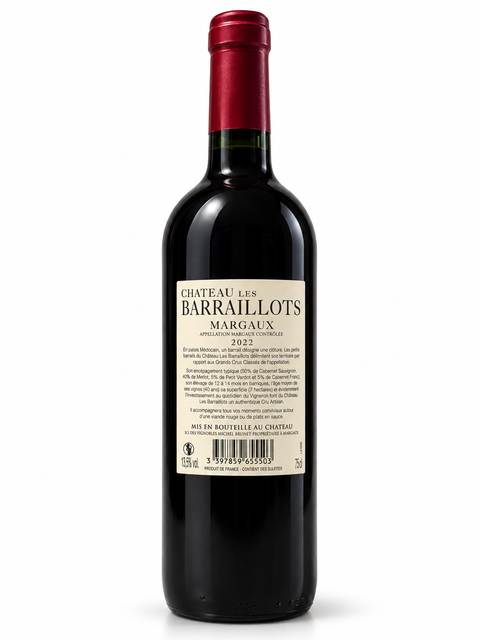 Les Barraillots Margaux Cabernet Sauvignon 2022 Dry Red 750ml wine bottle with estate label and red wine cap.