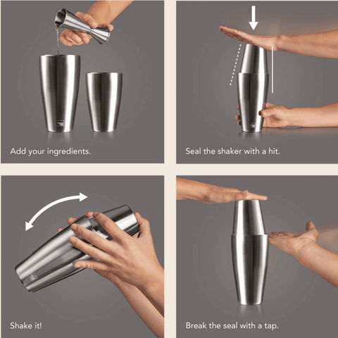 Using the Vacu Vin Tin-on-Tin Cocktail Shaker 750 ml for mixing cocktails in steps: adding ingredients, sealing, shaking, and opening.