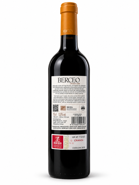 Back view of Berceo Crianza Tempranillo 2020 Dry Red wine bottle, 750ml, 13.5%, Spain, showing label details and Rioja certification.