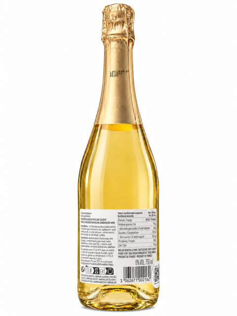 Berry Boom Chardonnay NV Alcohol Free Sparkling 750ml bottle showing the back label and packaging details.