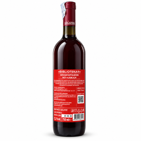 Biblioteka Premium pomegranate wine back label on white background / Biblioteka Premium ბროწეულის ღვინის უკანა ეტიკეტი თეთრ ფონზე