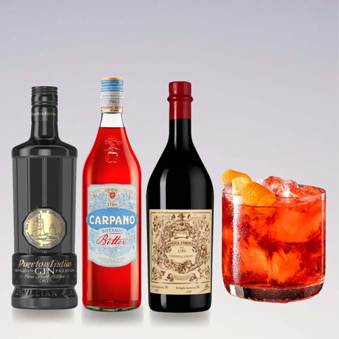 Black Negroni Cocktail ingredients: Puerto de Indias Black Gin, Carpano Bitter, Antica Formula Vermouth, and garnished drink.