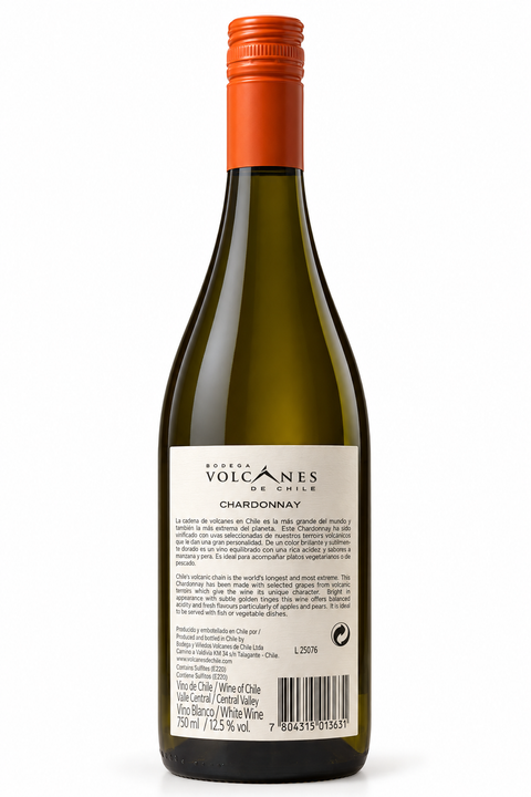 Bodega Volcanes Chardonnay 2024 Dry white Wine 750ml bottle, showcasing Chilean white wine with fresh apple and pear notes.