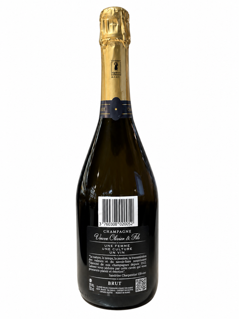 Back view of Veuve Olivier & Fils Secret Boise Brut Champagne bottle, showcasing label and golden foil top.