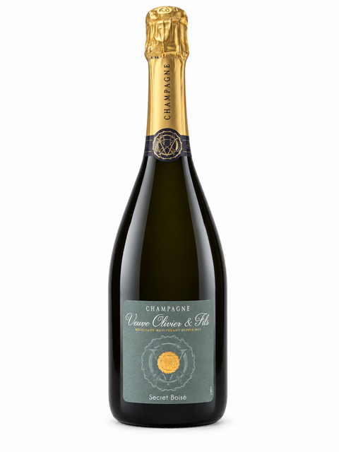 Bottle of Veuve Olivier & Fils Secret Boise Brut Champagne 750ml with label showing 12% alcohol content.