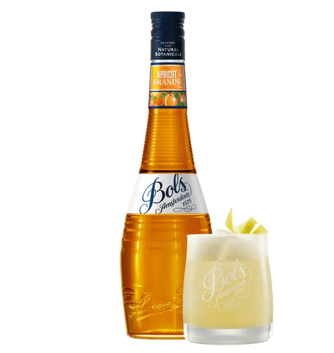Bols Apricot Brandy Liqueur 70cl bottle with a cocktail glass, highlighting its amber color and rich, nutty flavor.