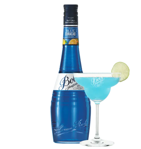 Bottle of Bols Blue Curaçao Liqueur 70cl with cocktail, featuring vibrant blue drink and lime garnish.