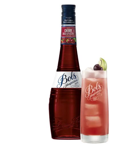 Bols Cherry Brandy Liqueur 70cl bottle and cherry cocktail, Dutch liqueur with rich cherry flavor, 24% ABV.