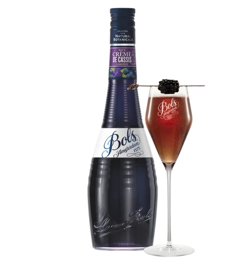 Bols Crème de Cassis Liqueur 70cl bottle with blackcurrant cocktail, natural ingredients, rich blackcurrant flavor, 17% alcohol.