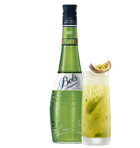 Bols Kiwi Liqueur 70cl bottle next to a kiwi cocktail, showcasing its vibrant green color and tropical essence.