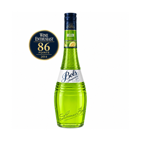 Bols Melon 700ml 17% front with Wine Enthusiast 86 points 2014 rating badge
