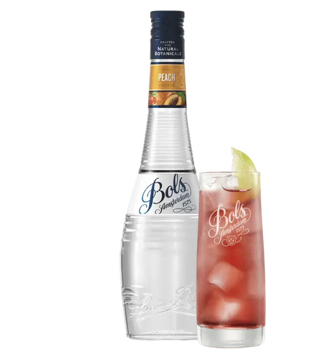 Bottle of Bols Peach Liqueur 70cl with a cocktail, highlighting fresh juicy peach flavor, ideal for mixing a Bellini or other drinks.