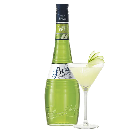 Bols Sour Apple Liqueur 70cl bottle with green apple cocktail, showcasing its vibrant color and tangy flavor from the Netherlands.