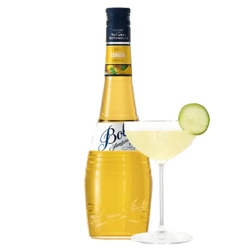 Bols Banana Liqueur 70cl bottle with a cocktail garnished with cucumber, highlighting natural banana and rum flavors.