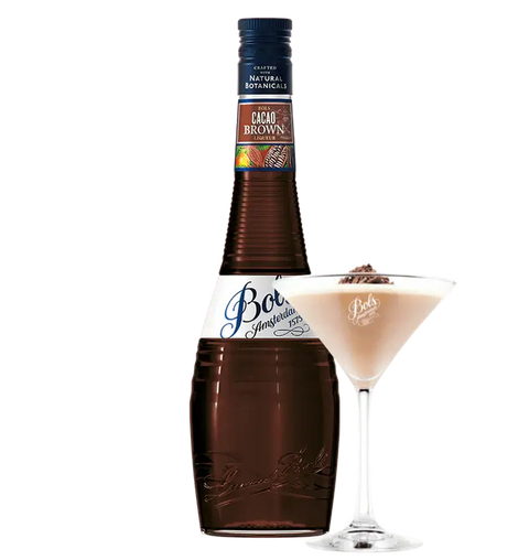 Bottle of Bols Cacao Brown Liqueur with a creamy cocktail in a glass, featuring dark chocolate and orange flavors.