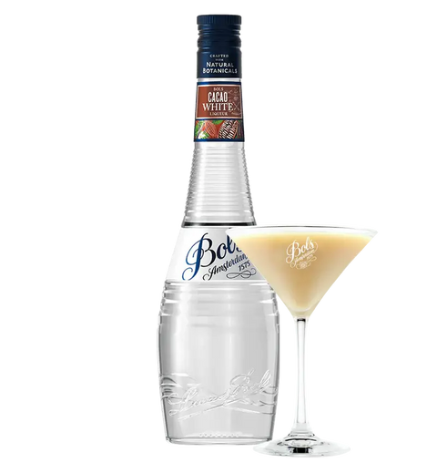 Bols Cacao White Liqueur 70cl 24% bottle with cocktail glass, showcasing a rich milk chocolate, vanilla, and apricot aroma.