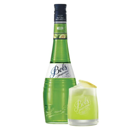 Bols Melon Liqueur 70cl bottle with a glass showcasing the emerald-green honeydew flavor, perfect for cocktails.