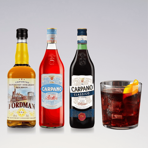 Boulevardier cocktail with bourbon, Carpano Classico sweet vermouth, and Carpano Botanic Bitter, garnished with orange peel.