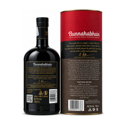 Bunnahabhain 12 Year Old Islay Single Malt Whisky 700ml 46.3% bottle and gift tube – back view