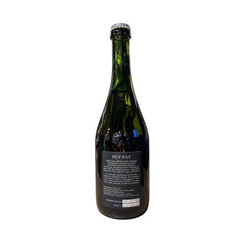 Burdilas Marani Rkatsiteli Pet Nat 750ml bottle showcasing back label with details and description of the Georgian sparkling wine.
