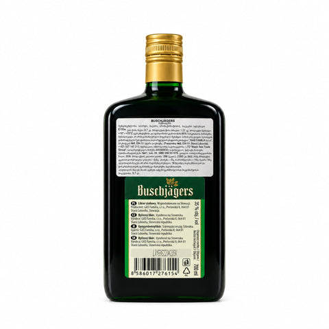 Buschjagers Herbal Liqueur 700 ml bottle with gold cap and deer emblem, produced in Slovakia by GAS Familia, 35% alcohol content.