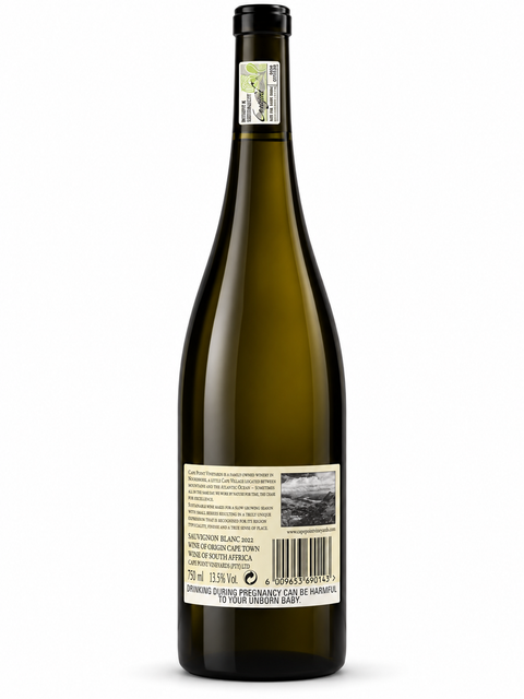 Cape Point Noordhoek Sauvignon 2022 Dry White Wine 750ml bottle showing back label with 13.5% alcohol content.