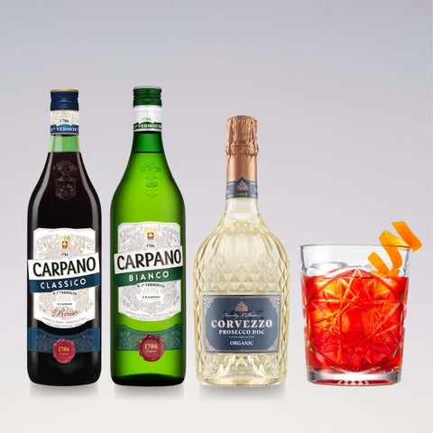 Carpano Sbagliato ingredients: Carpano Classico, Carpano Bianco, Corvezzo Prosecco DOC, and cocktail garnish with orange zest.