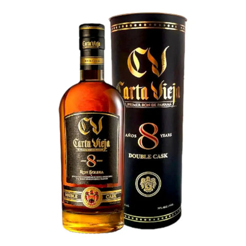 Bottle and package of Carta Vieja 8-Year-Old Double Cask Rum from Panama, 75cl, 40% alcohol, showcasing rich mahogany color.