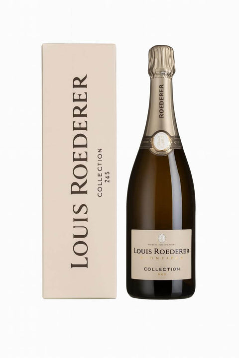 Bottle and box of Champagne Louis Roederer Collection 245 750ml, elegant French cuvée with Chardonnay, Pinot Noir, and Pinot Meunier.