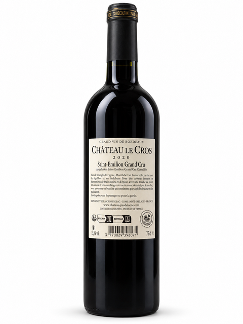 Le Cros Grand Cru Merlot 2020 Dry Red Wine 750ml bottle, French Bordeaux with dark fruit aromas and balanced flavor profile.