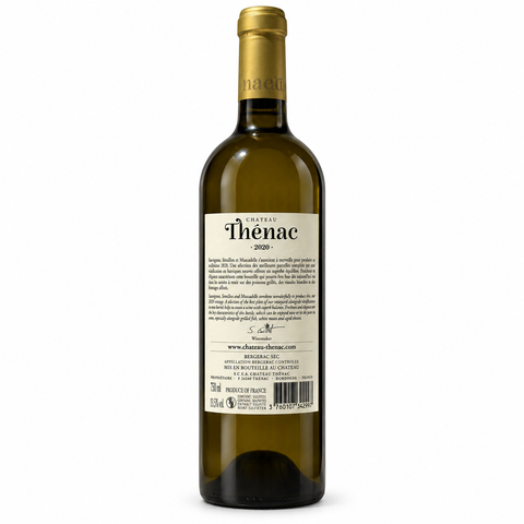 Chateau Thenac Sauvignon Blanc 2020 bottle, dry white wine from Bergerac, France, 750ml, 13.5% alcohol, elegant label design.
