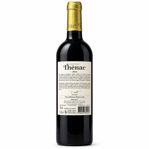 Bottle of Chateau Thenac Merlot 2016 dry red wine, 750ml with gold foil cap, highlighting its elegant label from France.