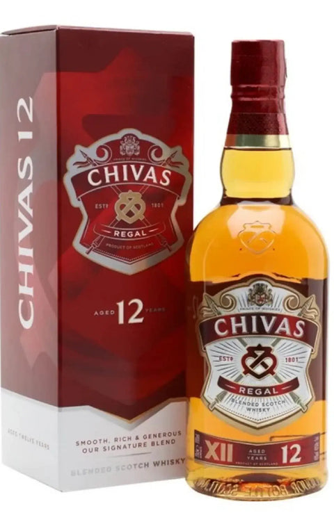 Chivas Regal 12 Year Old 1L Blended Scotch Whisky bottle and box, showcasing the brand's iconic label and packaging design.