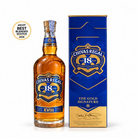 Chivas Regal 18 Year Old 1L bottle and gift box with ASCOT Awards 2026 Best Blended Scotch badge.