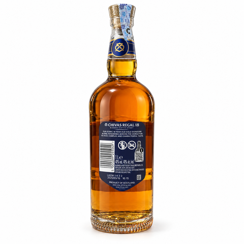 Chivas Regal 18 Year Old Blended Scotch Whisky 1L bottle with label and seal, showcased on white background.