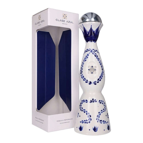 Clase Azul Reposado Tequila 750ml bottle with decorative blue design, next to its packaging box.